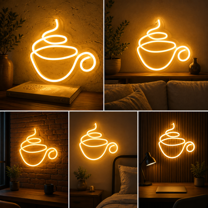 Coffee Mug Neon Sign Board | Custom Neon Light Signs | Customised Neon Light Name Plate Cafe Wall Decor
