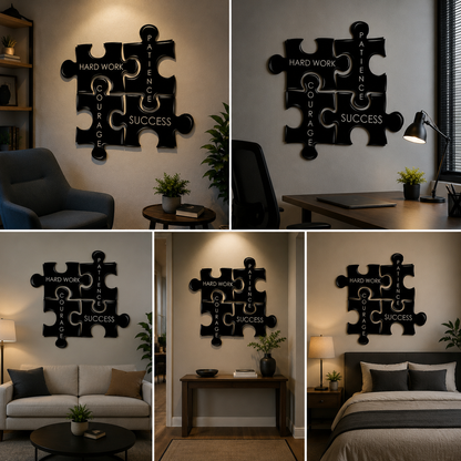 Motivational Puzzle Acrylic Wall Sign – Hard Work Patience Courage Success 3D Wall Decor for Office, Study Room & Workspace Interiors