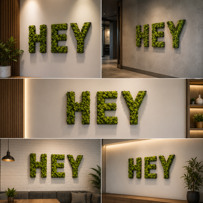 Artificial Moss HEY Wall Sign Green Moss Letter Decor for Modern Home Office and Cafe Interiors