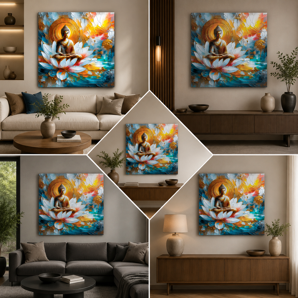 Buddha Sitting on Lotus Wall Painting | Spiritual Canvas Art for Peaceful Home Decor