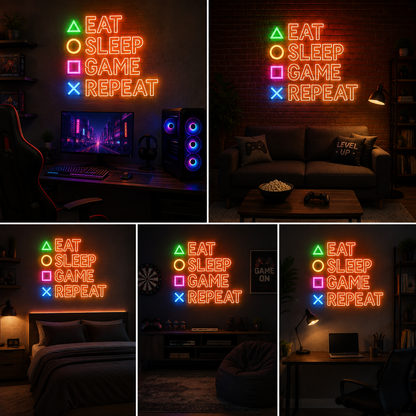 Eat Sleep Game Repeat Neon Sign for Gaming Room, Bedroom, Man Cave and Modern Decor