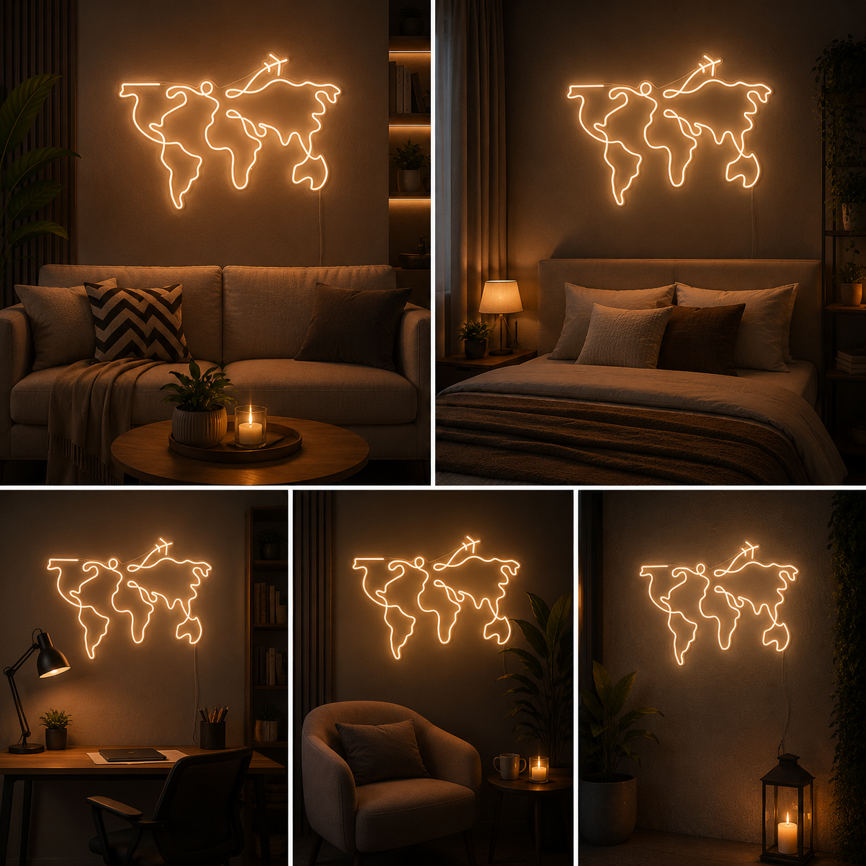 World Map Neon Sign Board with Airplane | LED Travel Theme Neon Light for Wall Decor