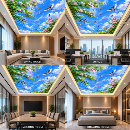 3D Floral Bird Sky Ceiling Design with Blossoms, Blue Sky & Birds for Modern Interiors