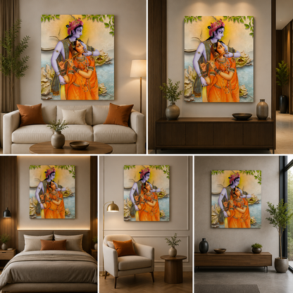 Radha Krishna Traditional Art Canvas Painting Frame Elegant Spiritual Wall Decor for Living Room