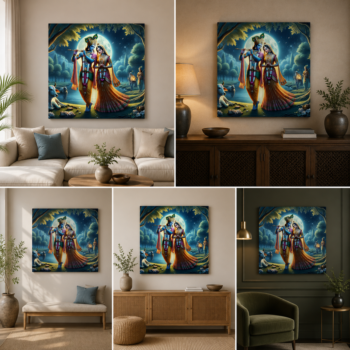 Radha Krishna Moonlight Canvas Painting Frame Wall Decor for Living Room Spiritual Artwork