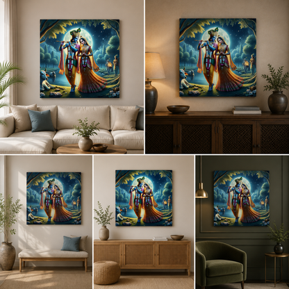 Radha Krishna Moonlight Canvas Painting Frame Wall Decor for Living Room Spiritual Artwork