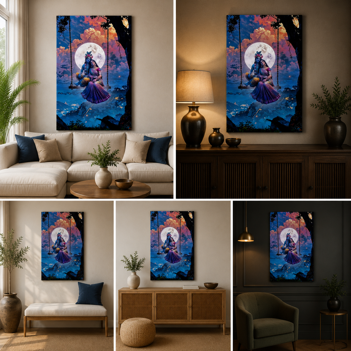 Radha Krishna Jhula Canvas Painting Frame | Moonlight Romantic Krishna Wall Art | Large Spiritual Canvas Wall Decor for Living Room