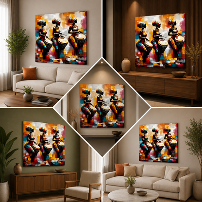 African Women Drummer Wall Painting | Abstract Tribal Canvas Art for Modern Home Decor