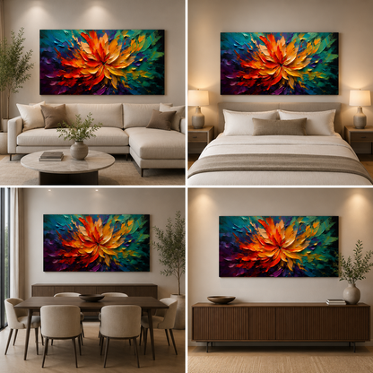Colourful abstract flower canvas artwork shown above a sofa, bed, dining table and wooden sideboard.