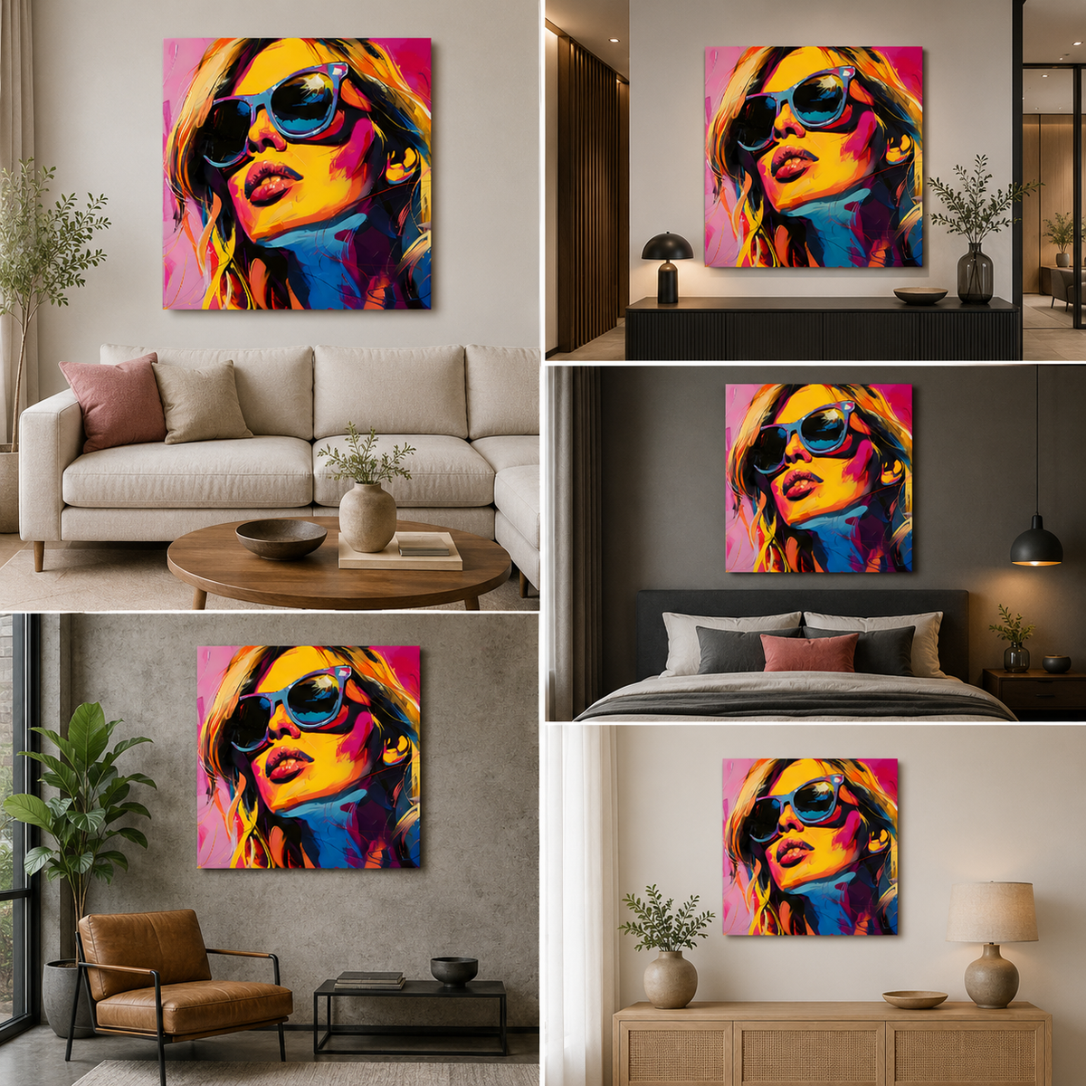 Pop Art Woman Canvas Painting Frame – Modern Fashion Sunglasses Canvas Wall Art Painting Frame for Living Room Wall Decor