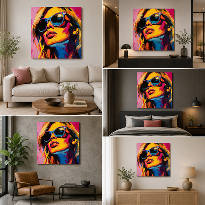 Pop Art Woman Canvas Painting Frame – Modern Fashion Sunglasses Canvas Wall Art Painting Frame for Living Room Wall Decor
