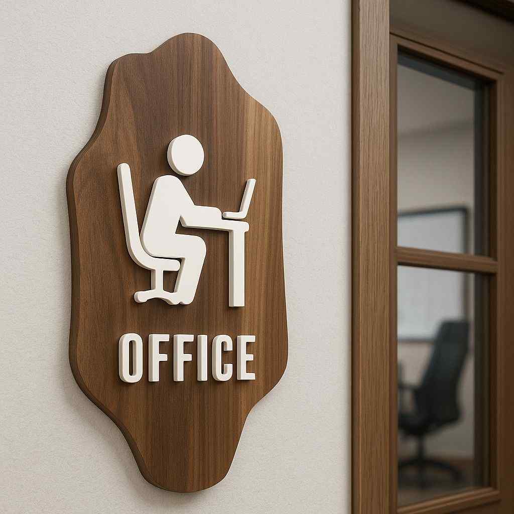 Wooden Office Door Sign with 3D White Desk Icon and Modern Professional Plaque Design