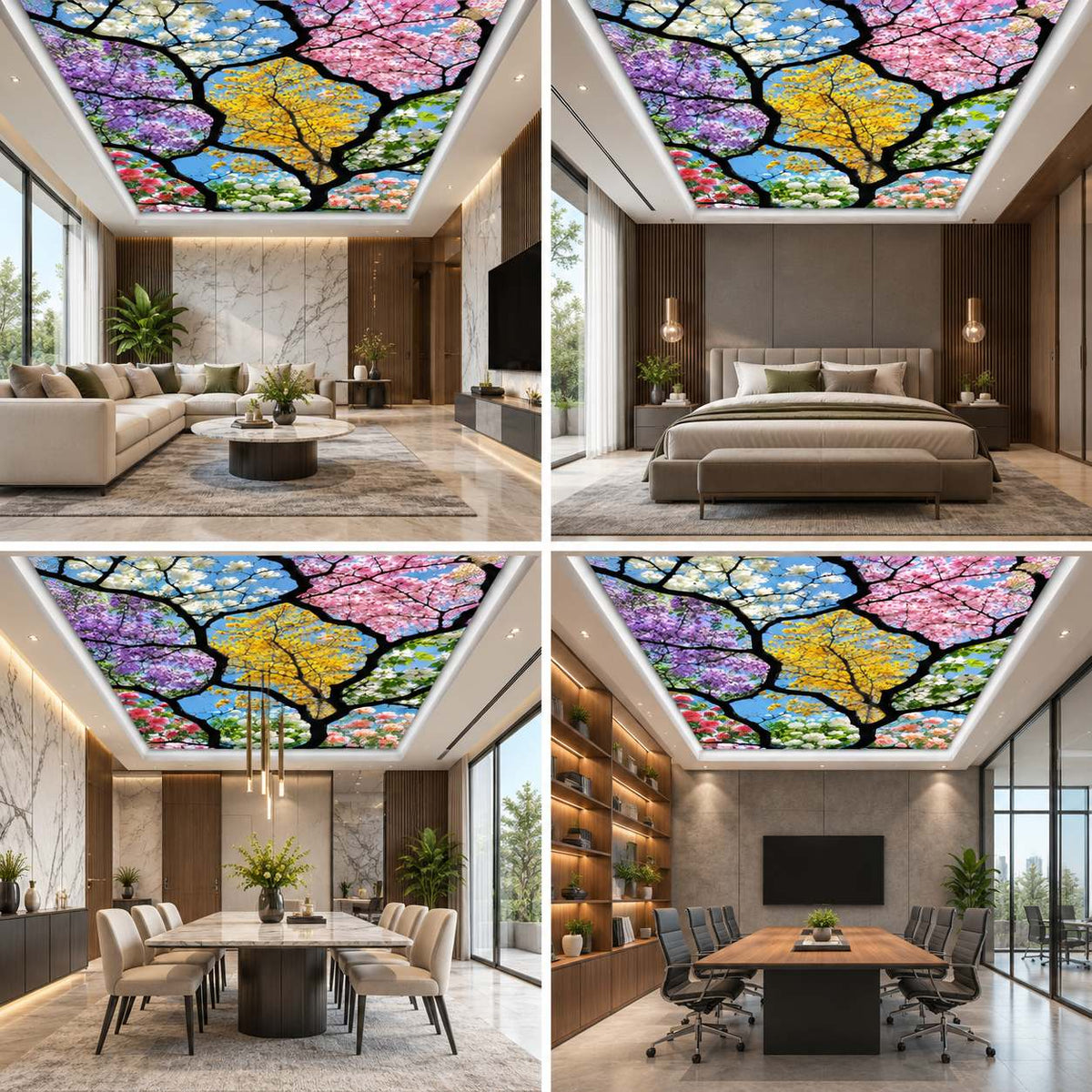 3D Colourful Tree of Life Ceiling Design with Floral Branches for Luxury Interiors