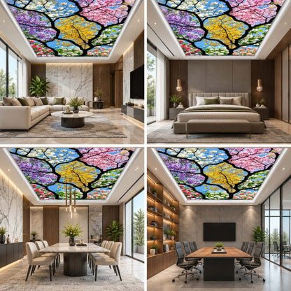 3D Colourful Tree of Life Ceiling Design with Floral Branches for Luxury Interiors