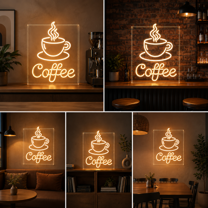 Coffee Neon Sign Board with Acrylic Frame – Cafe Custom Neon Light Decor (20 By 15 Inches)