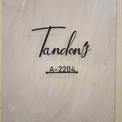 Custom Black Acrylic Name Plate for Home | Personalized Family Name & Flat Number Sign
