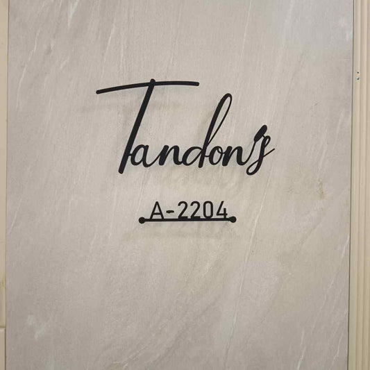 Custom Black Acrylic Name Plate for Home | Personalized Family Name & Flat Number Sign