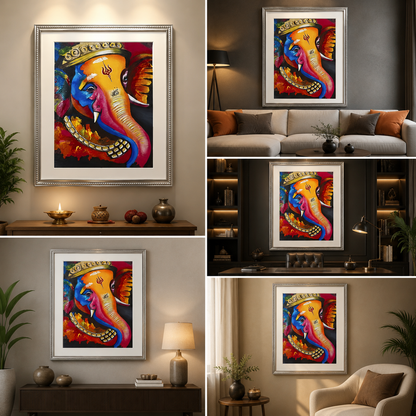 Colourful abstract Lord Ganesha face with a gold crown, shown as framed canvas wall art above a sofa and consoles and beside an armchair.