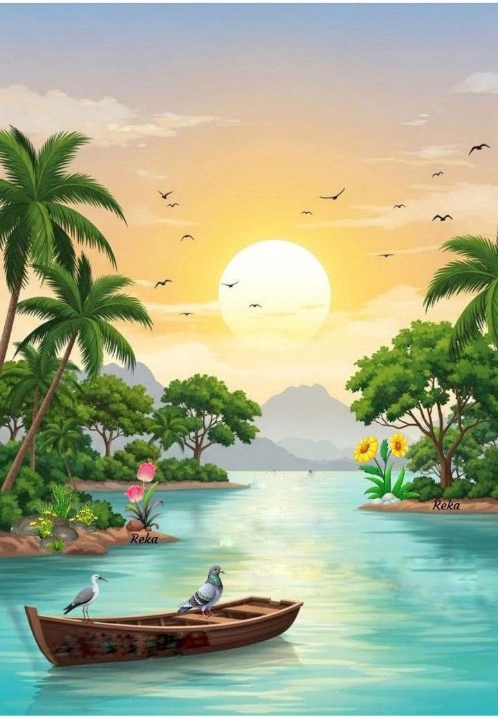 Tropical Lake Ceiling Panel with Palm Trees and Boat for Luxury Living Room Decor