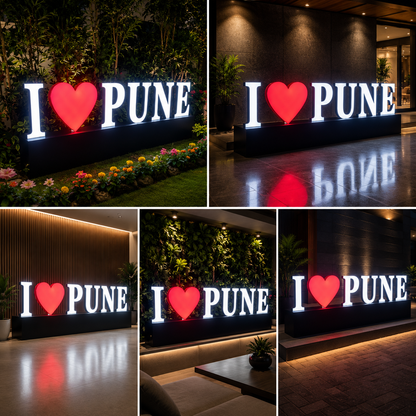 Custom LED Neon Sign “I Love Pune” | Illuminated Acrylic Letter Signboard for Events, Branding & Décor