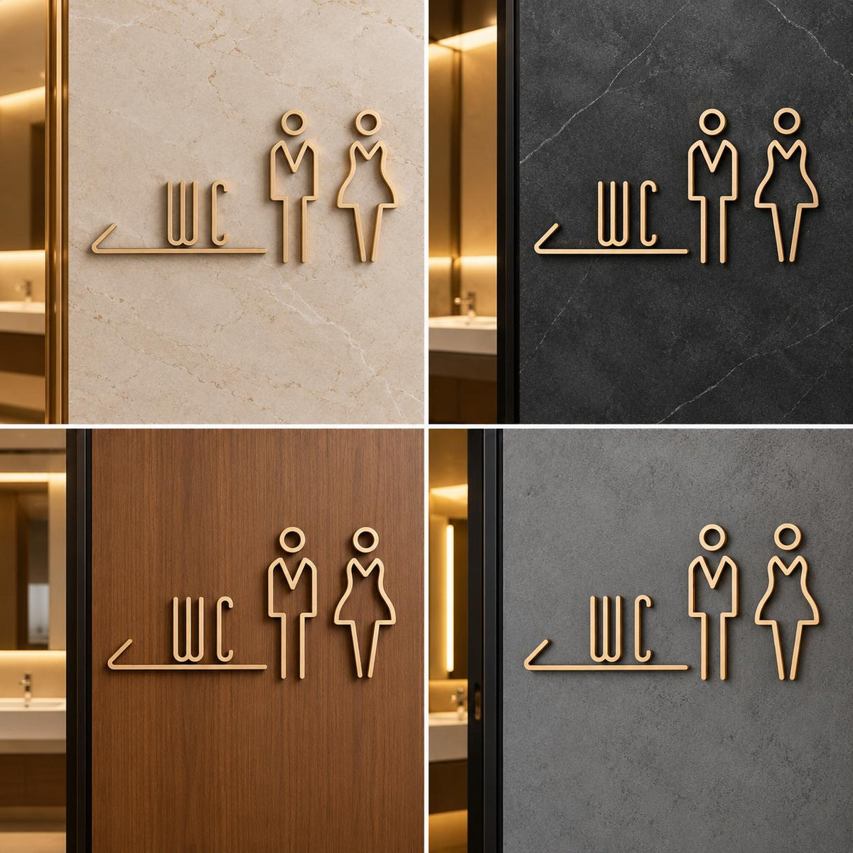 Modern Gold WC Restroom Sign for Men and Women, Premium Toilet Wall Signage (10 x 6 inches)