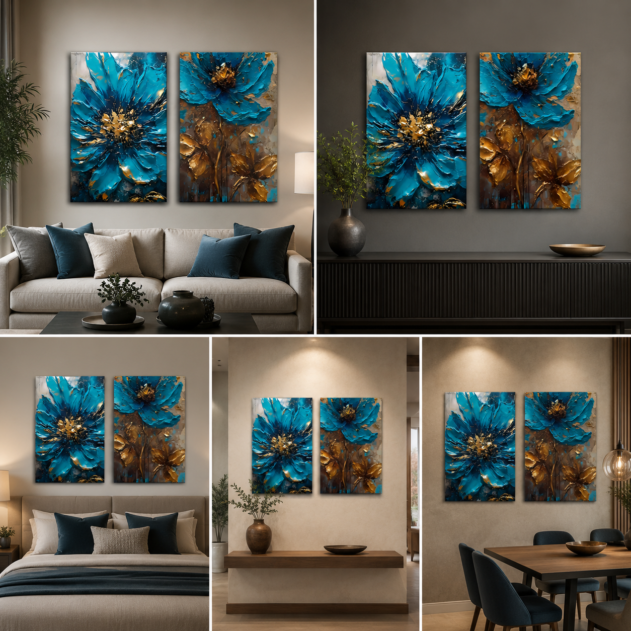 Abstract Blue Flower Canvas Painting Wall Art – Large Size Frame (18 x 24 Inches Each Part)