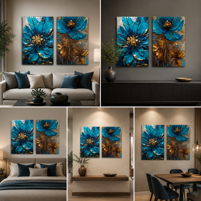 Abstract Blue Flower Canvas Painting Wall Art – Large Size Frame (18 x 24 Inches Each Part)