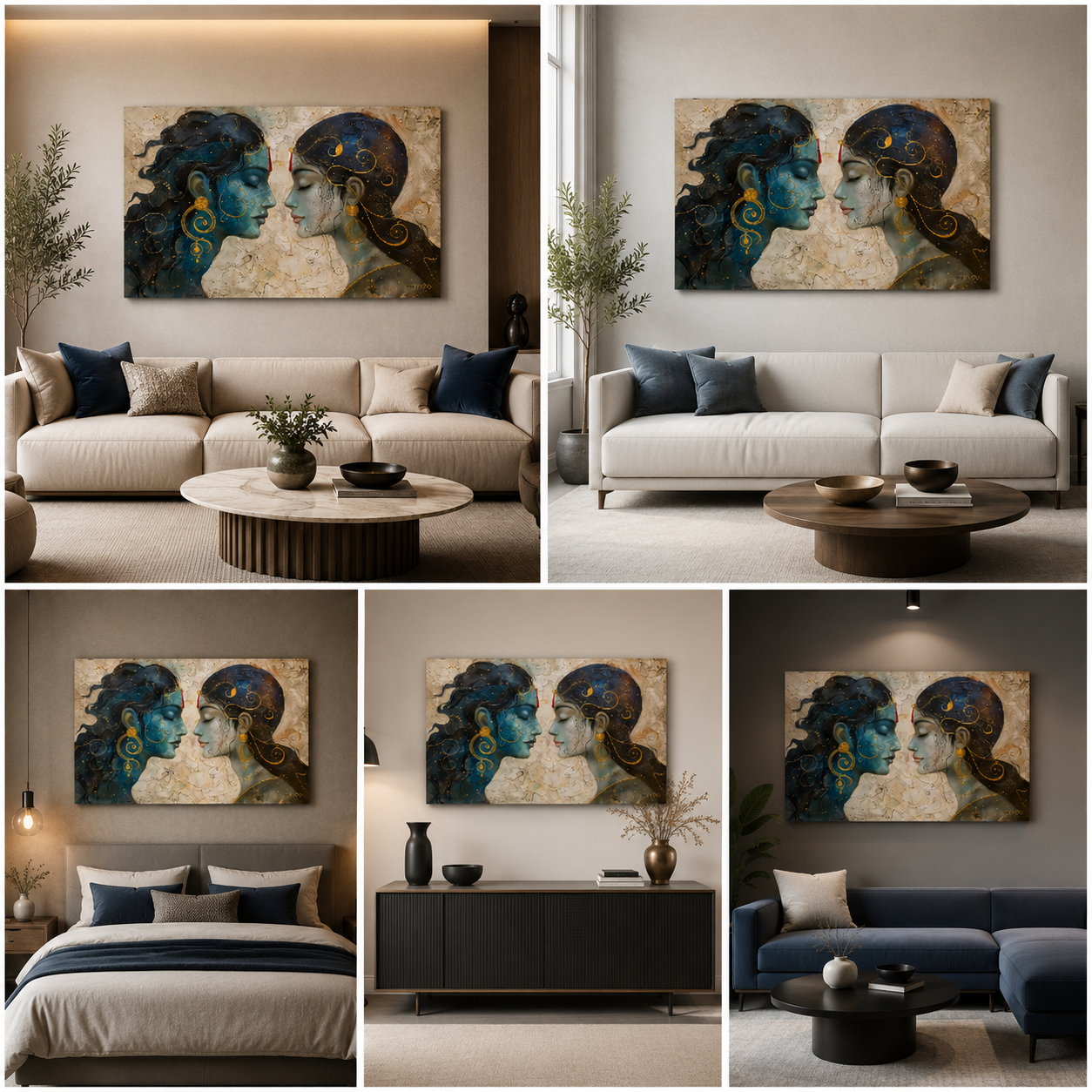 Radha Krishna Abstract Face Canvas Painting Frame Modern Artistic Wall Decor for Living Room Spiritual Artwork