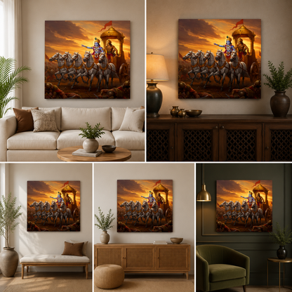 Mahabharat Krishna Arjuna Canvas Painting Frame Wall Decor for Living Room Bhagavad Gita Artwork