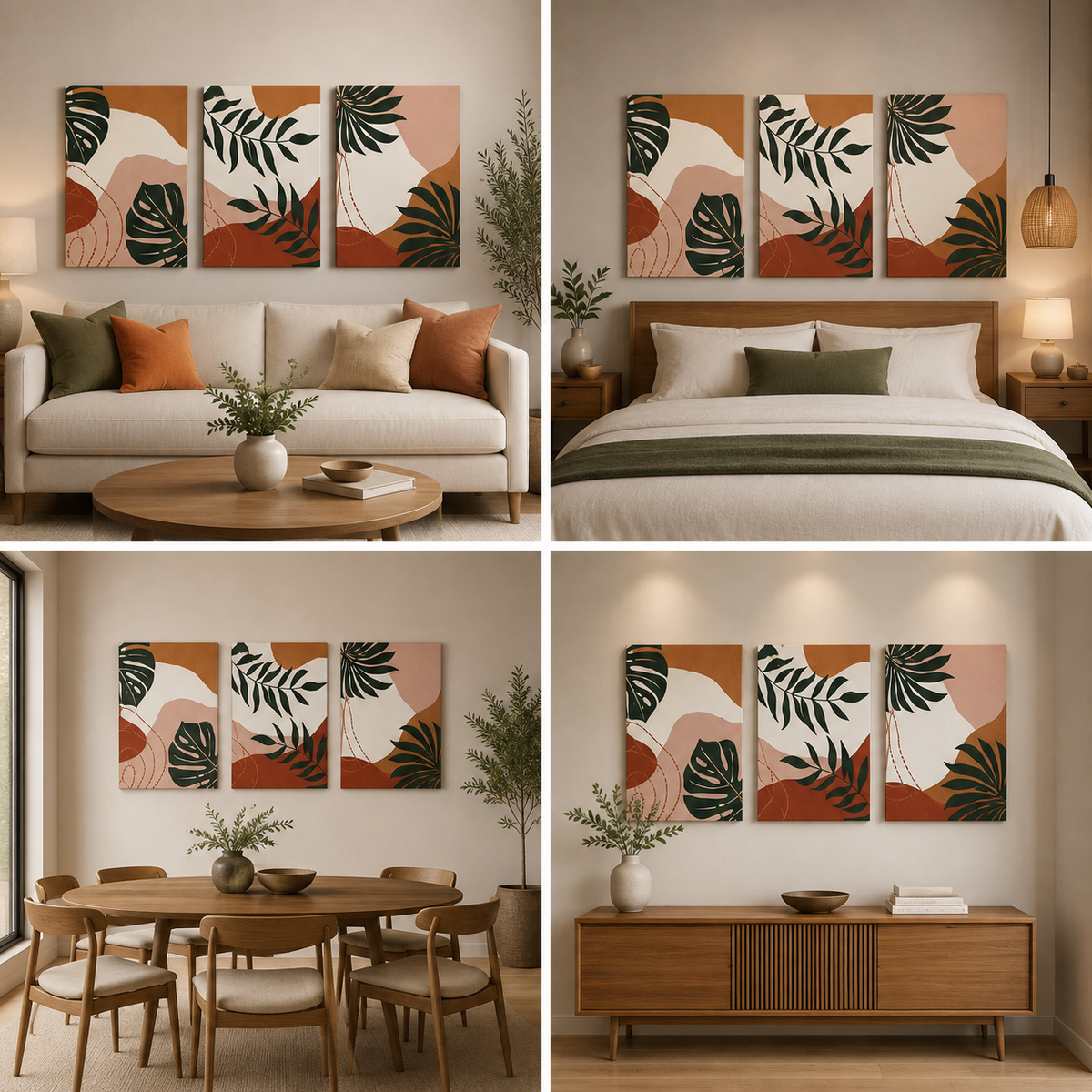 Modern Tropical Abstract Botanical Triptych Canvas Wall Art for Stylish Home Decor