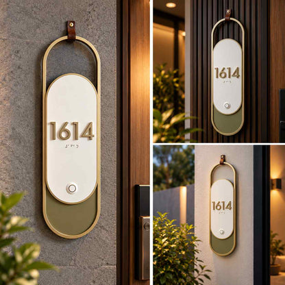 Premium Modern Door Name Plate with Room Number, Gold Accents & Elegant Hanging Design