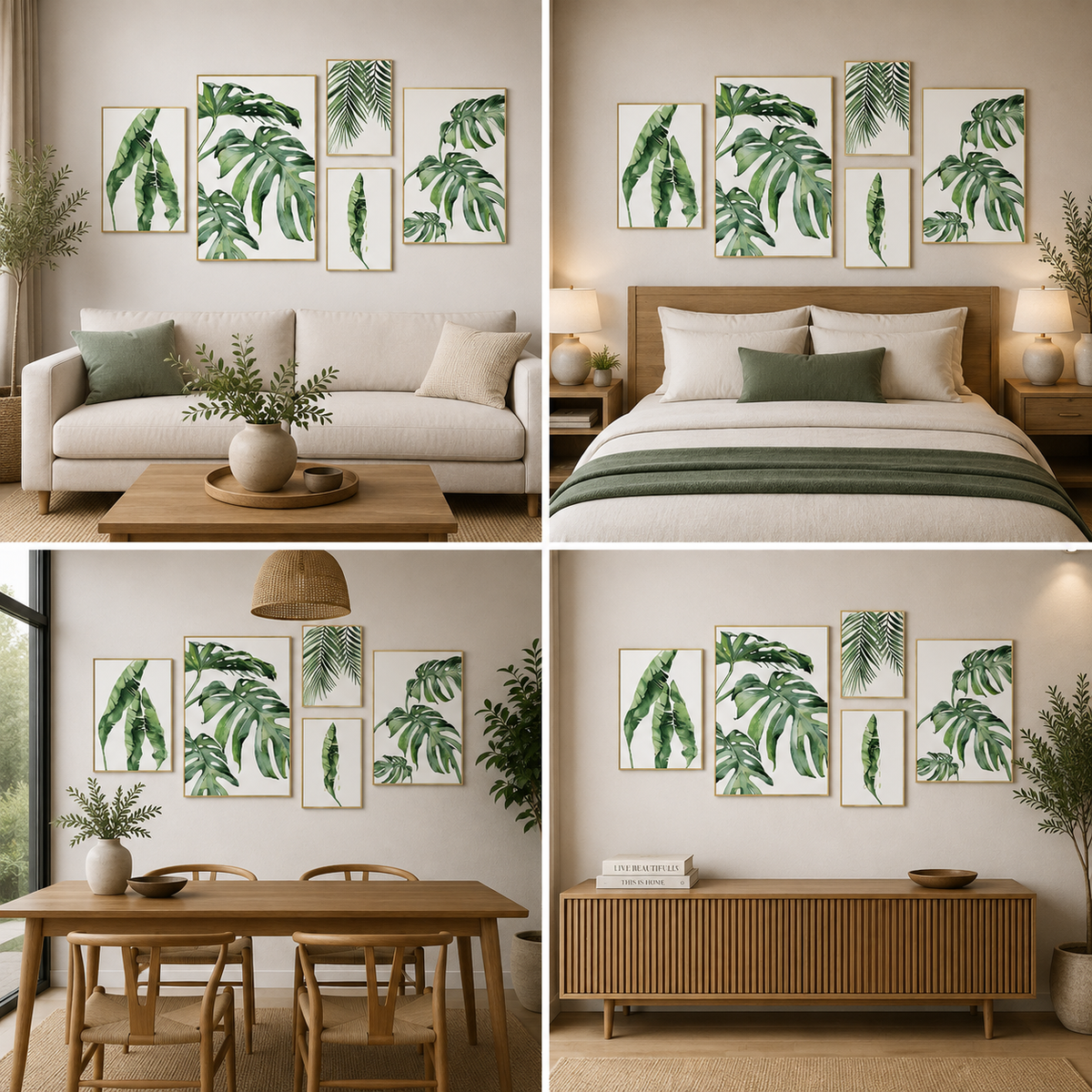 Tropical Botanical Leaf Canvas Wall Art Set for Modern Living Room and Bedroom Decor
