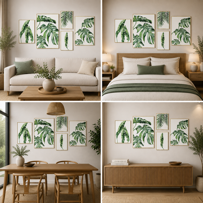 Tropical Botanical Leaf Canvas Wall Art Set for Modern Living Room and Bedroom Decor