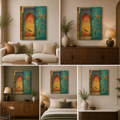 Vintage Mughal Arch Bird Canvas Wall Painting | Floral Heritage Artwork | Premium Ethnic Wall Decor