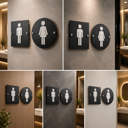 Modern Black Restroom Sign Set | Round & Square Male Female Toilet Signage for Offices & Commercial Spaces