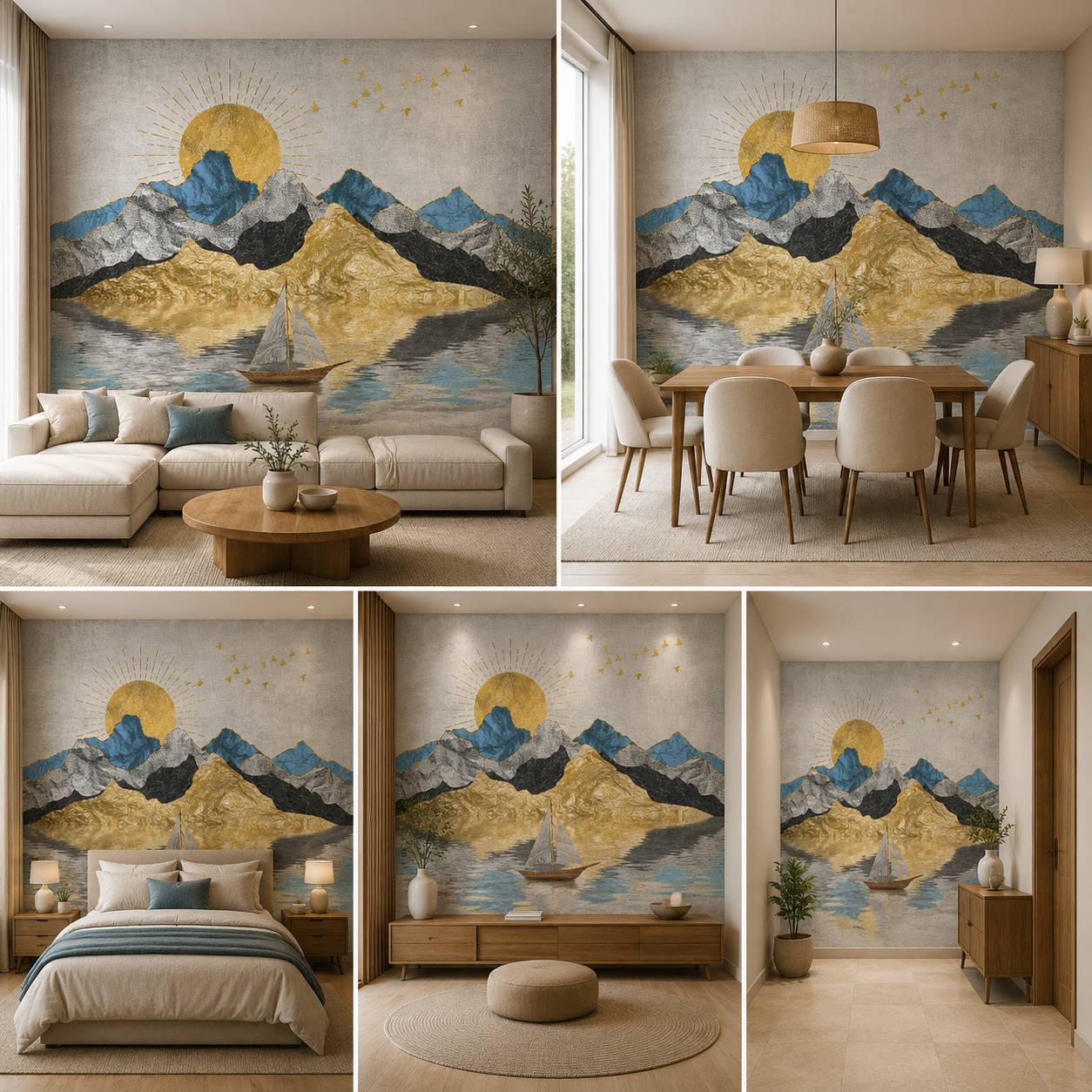 Golden Abstract Landscape Wall Mural for Modern Living Room Decor