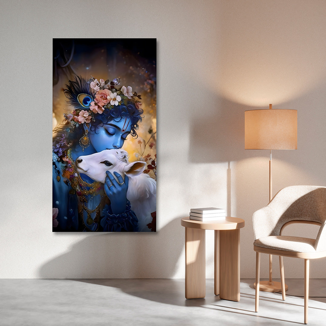 Baby Krishna with calf canvas painting frame divine love wall decor for living room