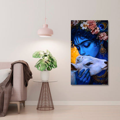 Bal Krishna with cow canvas painting frame spiritual wall decor for living room