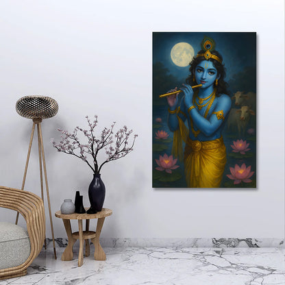 Bal Krishna moonlight canvas painting frame flute wall decor for living room