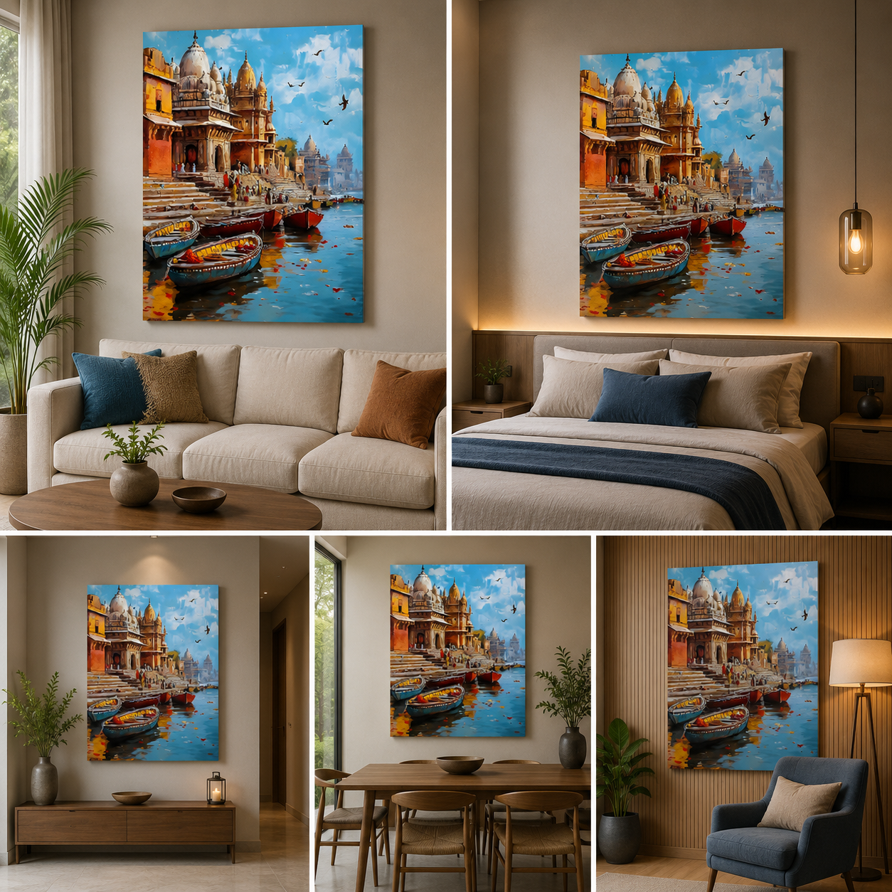 Varanasi Ghat Boats Canvas Painting Frame Colorful River City Wall Decor for Living Room