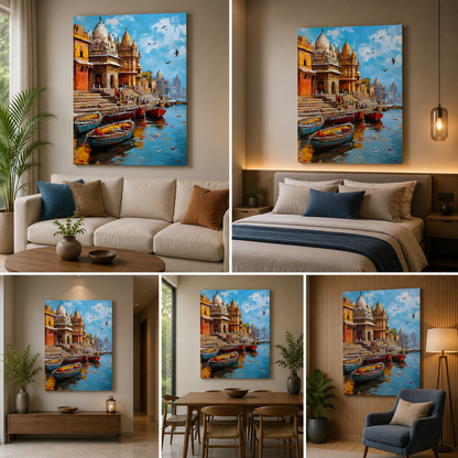 Varanasi Ghat Boats Canvas Painting Frame Colorful River City Wall Decor for Living Room