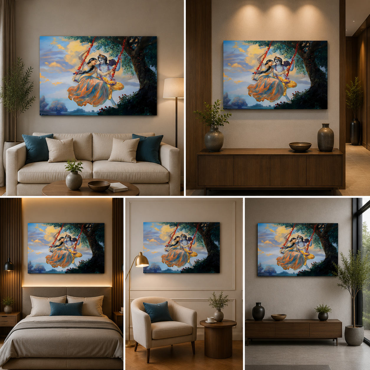 Radha Krishna Jhula Canvas Painting Frame Romantic Wall Decor for Living Room