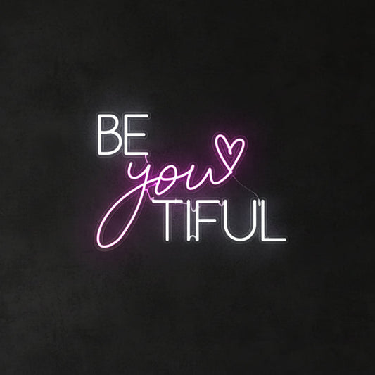 be you tiful neon sign board pink white neon light aesthetic wall decor