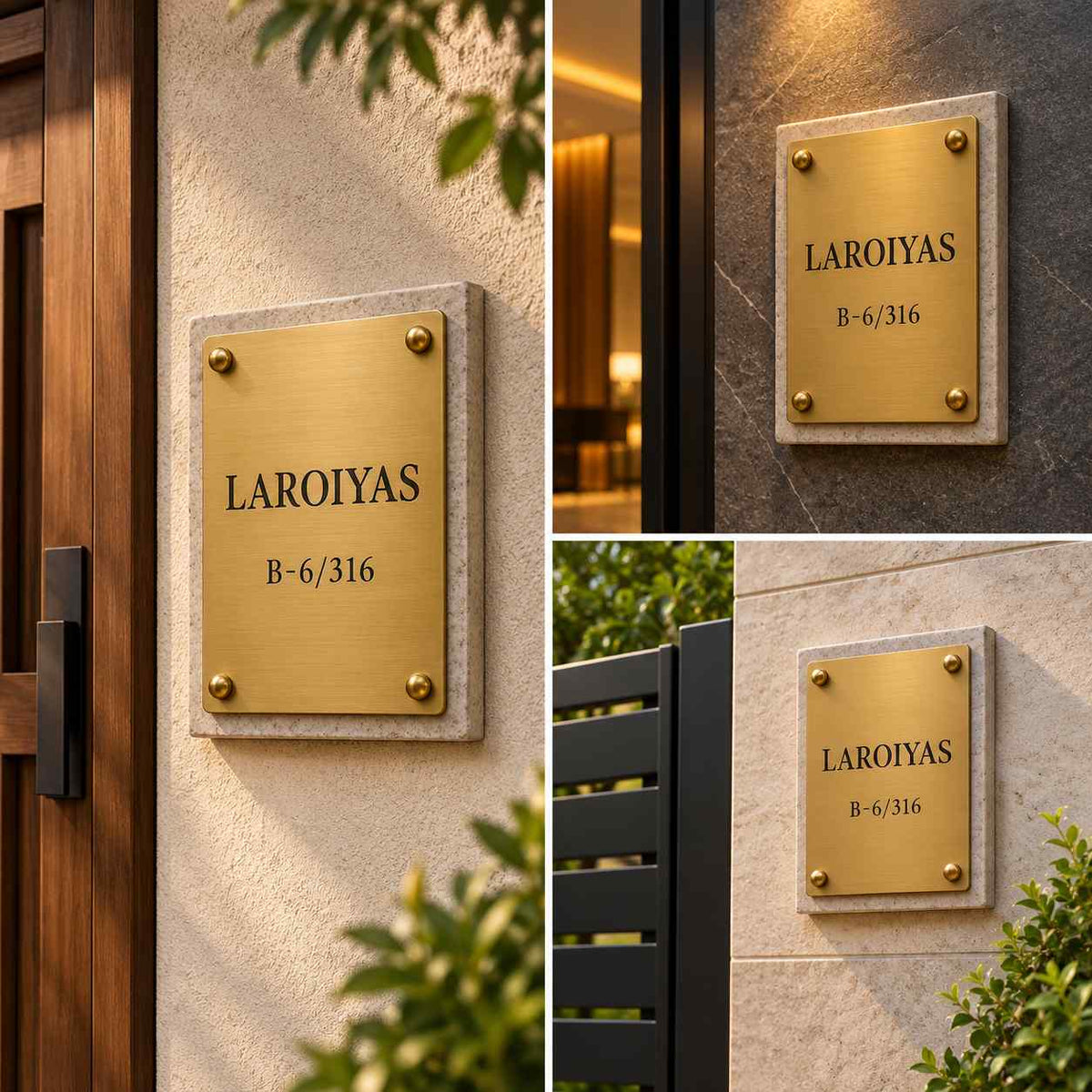 Premium Gold Personalised House Name Plate with Custom Address and Stone Backing
