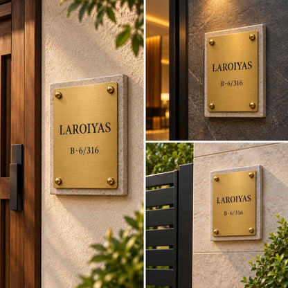 Premium Gold Personalised House Name Plate with Custom Address and Stone Backing