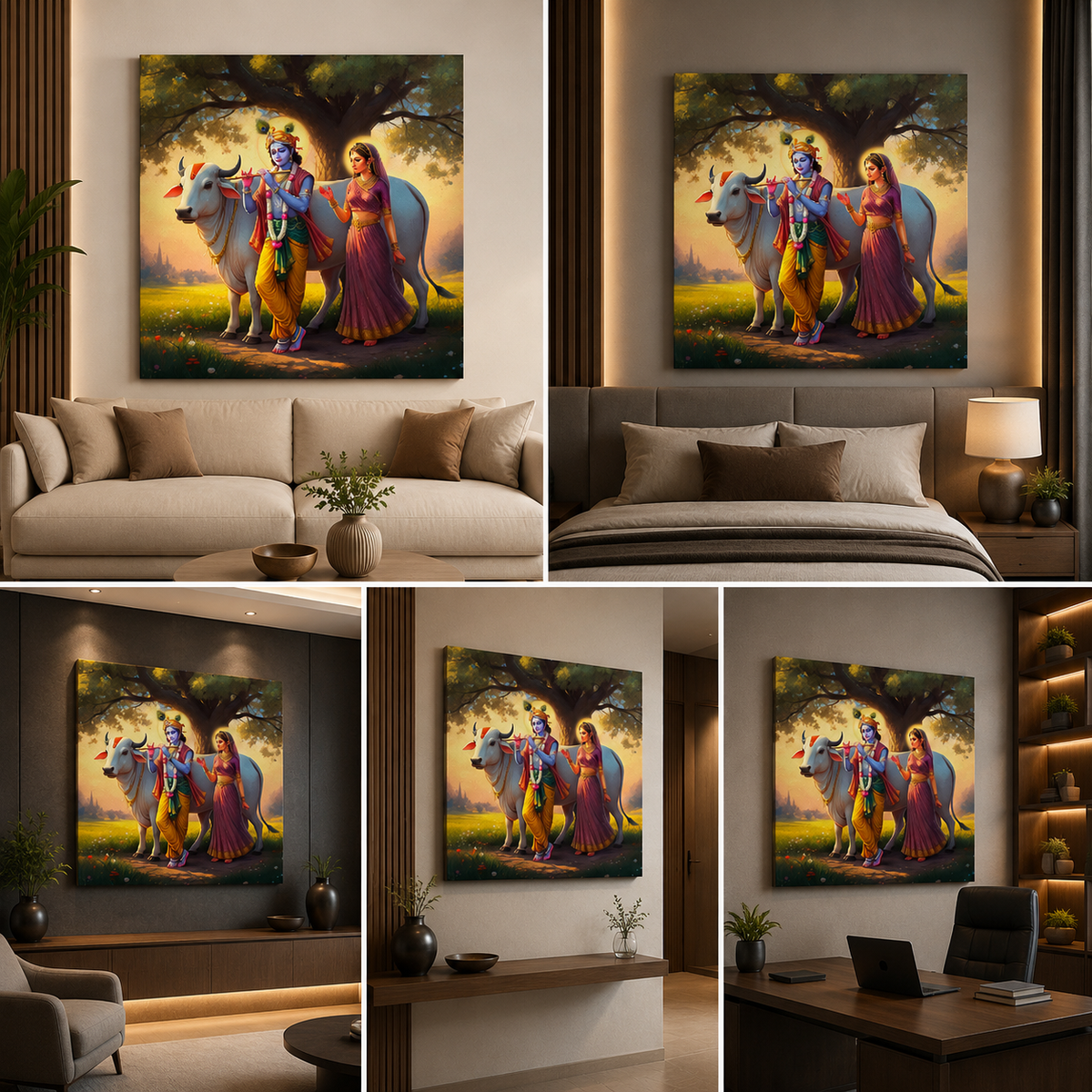 Radha Krishna with Cow Canvas Painting Frame Wall Decor for Living Room Spiritual Nature Artwork
