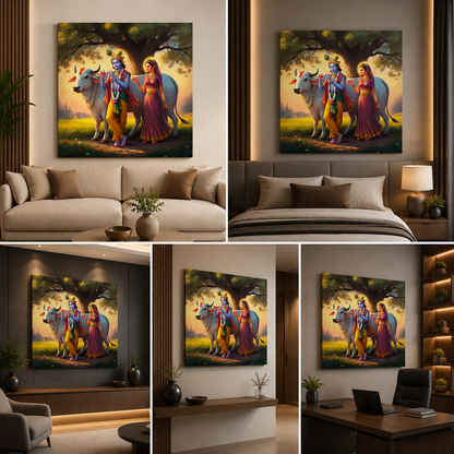 Radha Krishna with Cow Canvas Painting Frame Wall Decor for Living Room Spiritual Nature Artwork