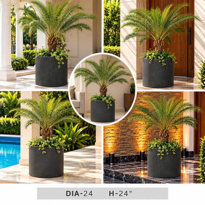 Large Charcoal Grey Round Planter Pot, 24 Inch Cylindrical Decorative Planter for Modern Homes