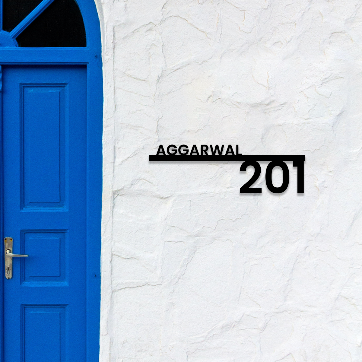 black acrylic house name plate with horizontal bar and bold number modern home wall signage