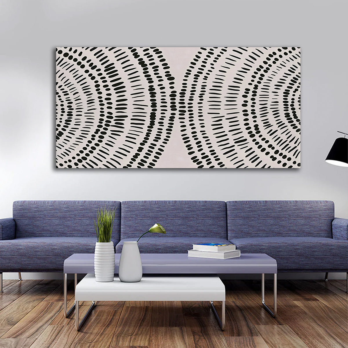 Black and white abstract pattern canvas wall art with dotted geometric design